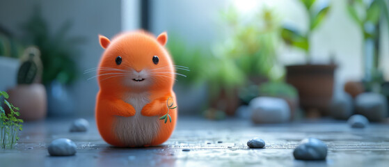 A shy fantasy pet character in a peaceful indoor garden