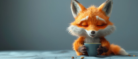 A cartoon fox savoring a moment of bliss with a warm drink