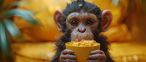 A funny baby chimpanzee who is very serious about his cereal