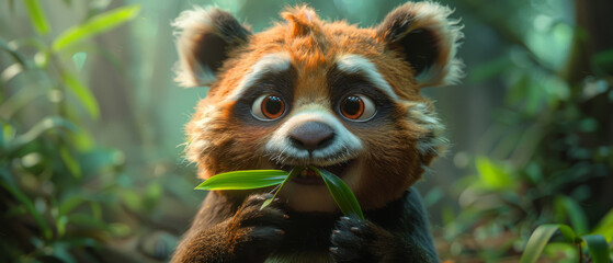 A happy red panda character enjoying a fresh bamboo leaf