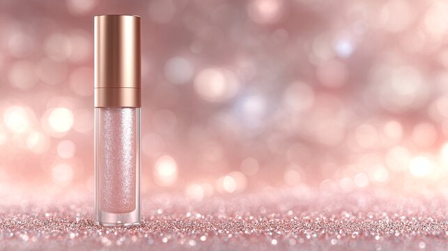 Flacone di lucidalabbra scintillante su sfondo rosa bokeh scintillante, prodotto cosmetico di lusso.
