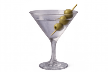Elegant martini glass holding classic cocktail, garnished with green olives, positioned against transparent backdrop