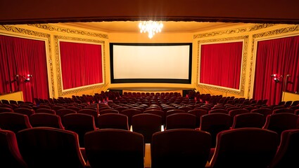 Fototapeta premium Empty Movie Theater with Red Seats and Large Screen Ready for a New Film Experience