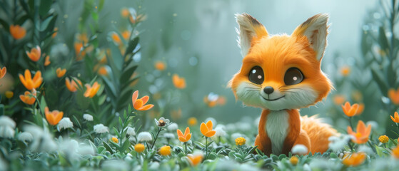 A Sweet Animated Fox Surrounded by Flowers