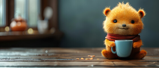 Cute Animated Bear with a Cup and Scarf