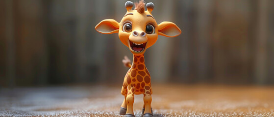 Happy 3D giraffe character with a big, expressive smile, charming cartoon baby giraffe