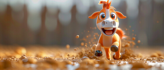 Dynamic 3D cartoon baby giraffe character running forward, running happily
