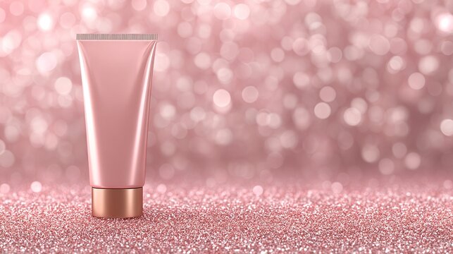 Tubo di crema cosmetica rosa su sfondo scintillante con bokeh luminoso, prodotto per la cura della pelle