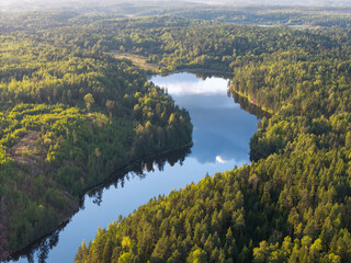 Beautiful lake aerial view with clouds reflecting on a summer evening.