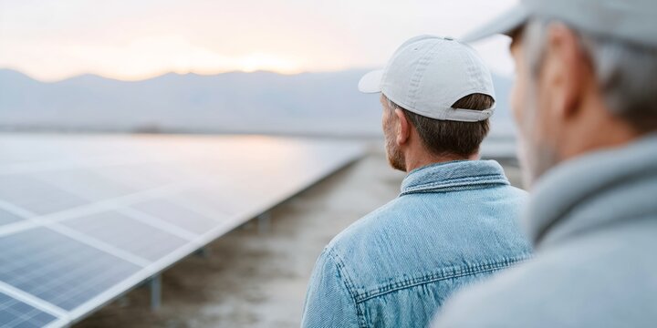 Two men are standing on a rooftop looking at a solar panel field - Powered by Adobe