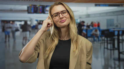 Fototapeta premium Woman in airport pointing upward wearing glasses and beige blazer with a thoughtful expression while standing in a busy indoor terminal setting.