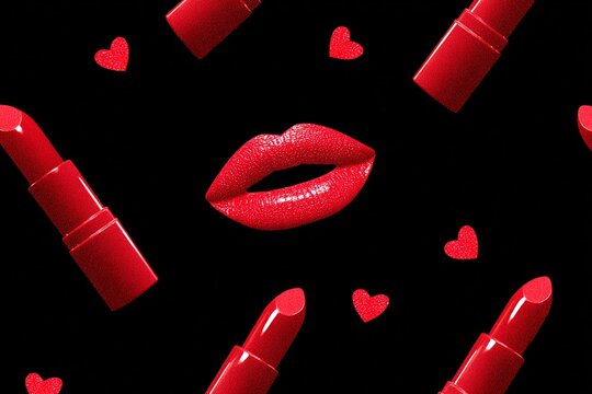 Labbra rosse lucide e rossetti rossi su sfondo nero, motivo di San Valentino con cuori rossi.