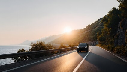 Car driving on a scenic coastal road at sunset with a beautiful mountainous and ocean landscape