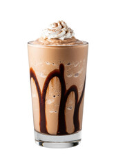 Rich, creamy Mudslide cocktail in a frosted Collins glass with chocolate swirls, topped with whipped cream and cocoa, isolated on a grey studio background, decadent cocktail indulgence concept