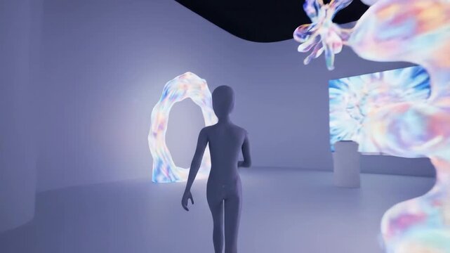 Metaverse Art Gallery Exploration - A featureless avatar walks through a surreal digital art gallery in the metaverse, surrounded by vibrant, abstract light sculptures and projected artwork.