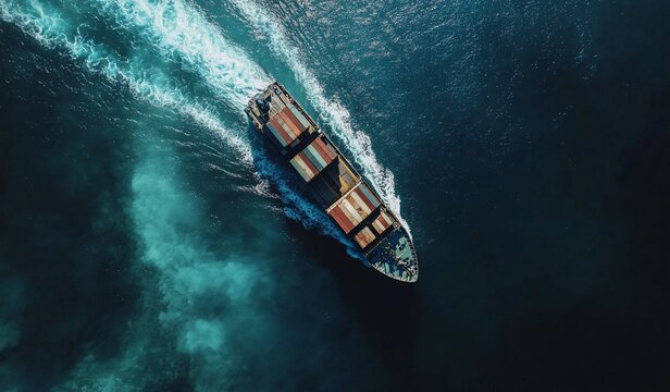 Aerial view of cargo ship transporting containers across the ocean with blue water and white waves