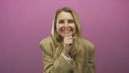 Woman gesturing shh with finger over lips in front of a pink background, wearing a beige jacket, emphasizing silence and secrecy.
