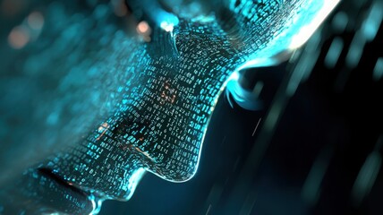 Glowing AI mask suspended in space with streaming numbers and data shards. Data scientist