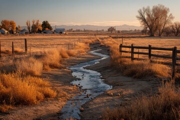 Crumbling Irrigation Ditch Running Dry Between Farmland with Autumn Colors in the Background