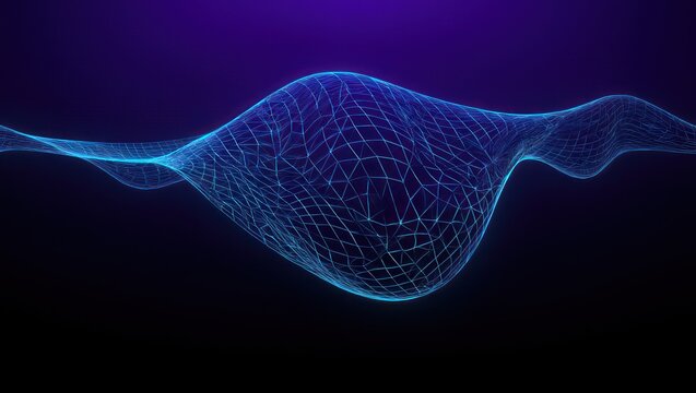 Abstract Blue Grid Wave Against Dark Background, Futuristic Digital Design