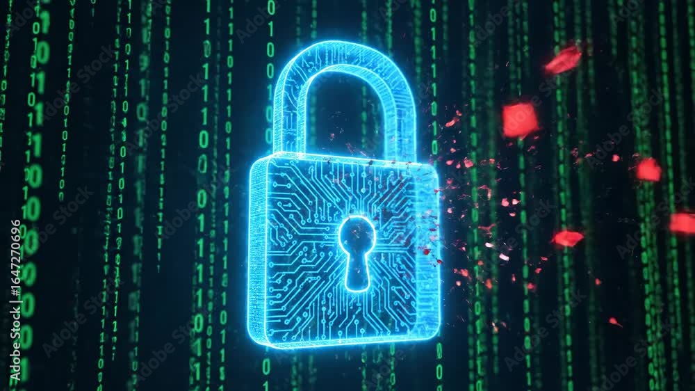 Poster cyber security: digital lock deflecting attack - a glowing blue digital padlock, designed like a cir
