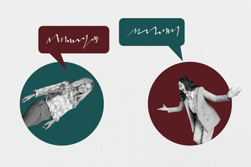 Collage trend of business people speaking with mind clouds on grey color background