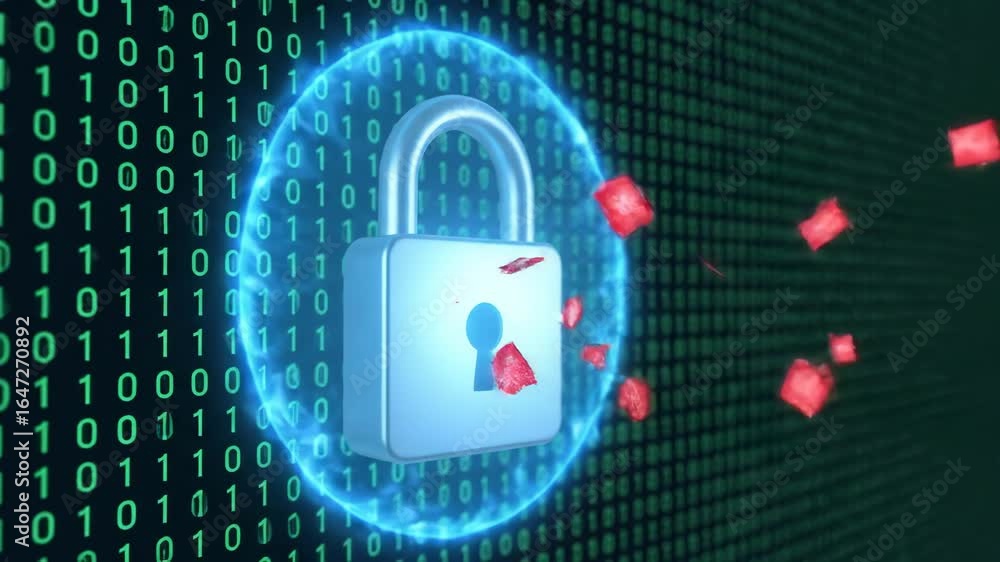 Poster digital security system deflecting cyberattack - a glowing blue padlock at the center of a binary co