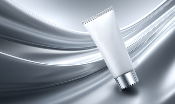 Tubo bianco di crema cosmetica su sfondo metallico lucido con onde fluide, concetto di cura della pelle