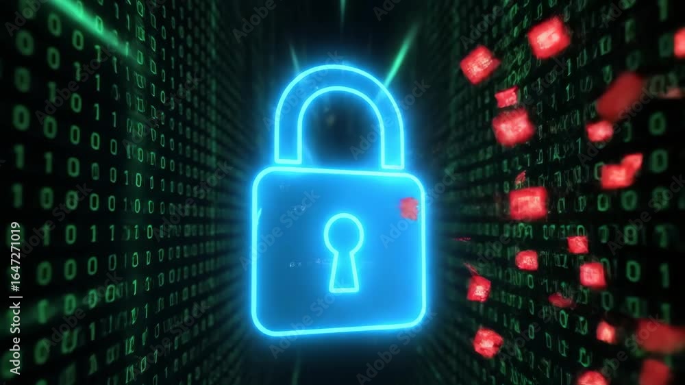Poster digital security: glowing padlock deflecting data threats - a vibrant blue glowing padlock is promin