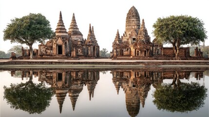 Obraz premium Majestic ruins of ancient temples reflected in calm water serene landscape
