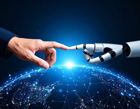 Close-up of a human hand and robotic hand reaching towards each other, fingertips almost touching, glowing big data network lines and digital particles, futuristic sci-fi lighting, ultra-realistic 8k