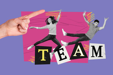 Trend collage of people scream air fly standing in text teams on purple color background