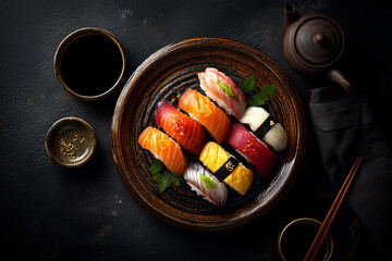 Fresh sushi sales promotion poster with wooden plate