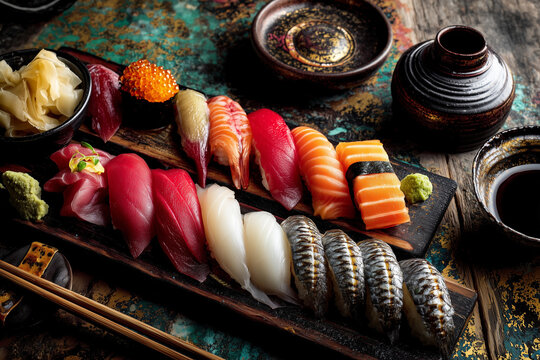 Fresh sushi sales promotion poster with wooden plate - Powered by Adobe