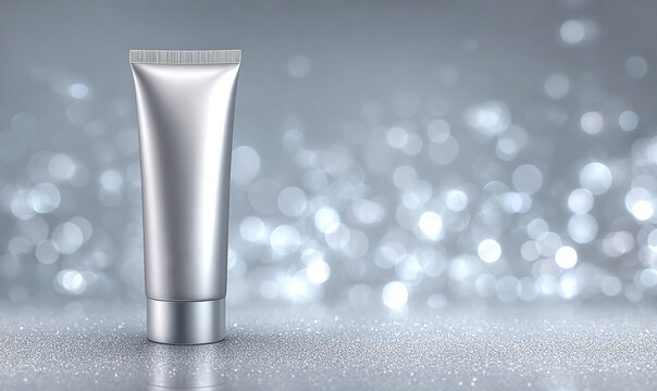 Tubo di crema cosmetica argentato su sfondo scintillante con bokeh luminoso per prodotti di bellezza e cura della pelle.