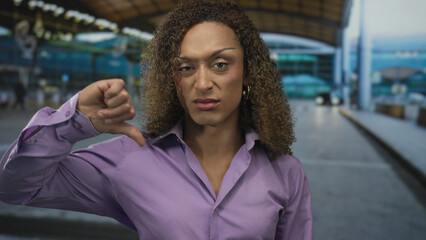 Curly haired transgender woman in purple shirt giving thumbs down gesture at airport terminal...