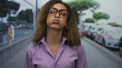 Transgender hispanic woman with glasses presses fingertips to puffed cheeks amid blurred parked cars on street; playfulness.