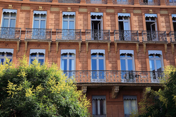 Red brick facades in Toulouse city (France)
