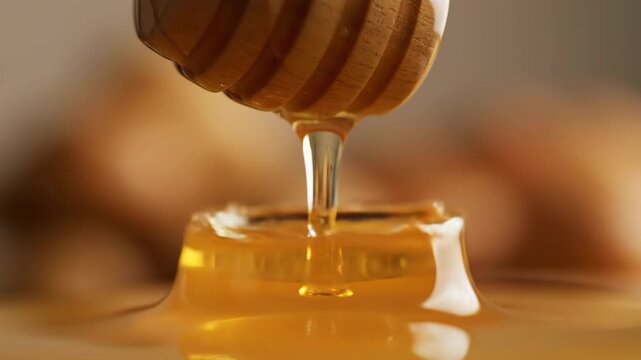 Honey Dripping from Wooden Dipper - A single drop of golden honey falls slowly from a wooden honey dipper into a pool of honey.