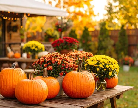 Autumn pumpkins and mums on a wooden table outdoors