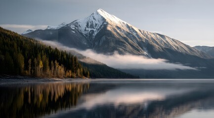 Naklejka premium Majestic mountain peak reflected in tranquil lake, surrounded by lush forest and shrouded in soft morning mist, creating a serene and picturesque landscape