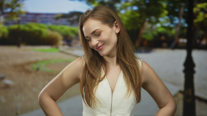 Fototapeta premium Woman wearing a white sleeveless dress stands with hands on hips on a leafy street lined with trees; confidence.