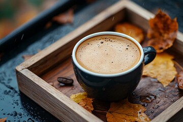 close up of a steaming cup of coffee on a wooden tray surrounded by autumn leaves and a coffee bean
