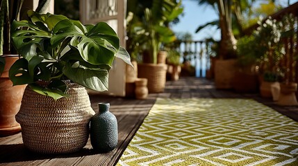 Outdoor decor bamboo rug with vibrant geometry high resolution picture