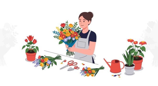 Cheerful female florist in an apron holding a vibrant, colorful bouquet at her workbench with tools.