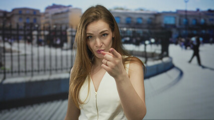 Young woman points finger toward viewer on bustling city street pavement near iron railing under daylight; anger.