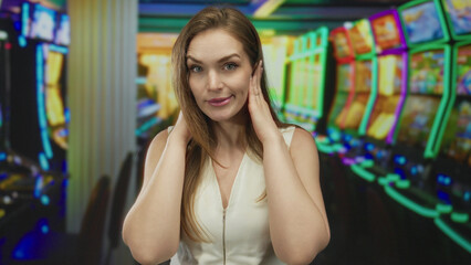 Young woman covers ears with both hands at slot machine row under neon lights inside crowded...