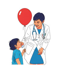 Doctor and child with a vibrant red balloon