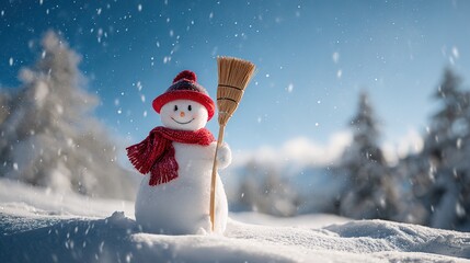 Happy Snowman in Christmas Landscape &ndash; Red-Hatted, Broom-Carrying, Amid Falling Snowflakes, Pine Trees & Snowy Forest, Sparkling with Festive Warmth in High-Resolution Magic