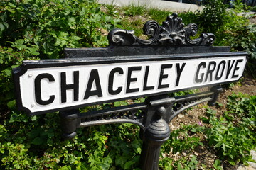 Crich Tramway Museum, England – August 13 2025: Victorian cast iron street sign at Chaceley Grove